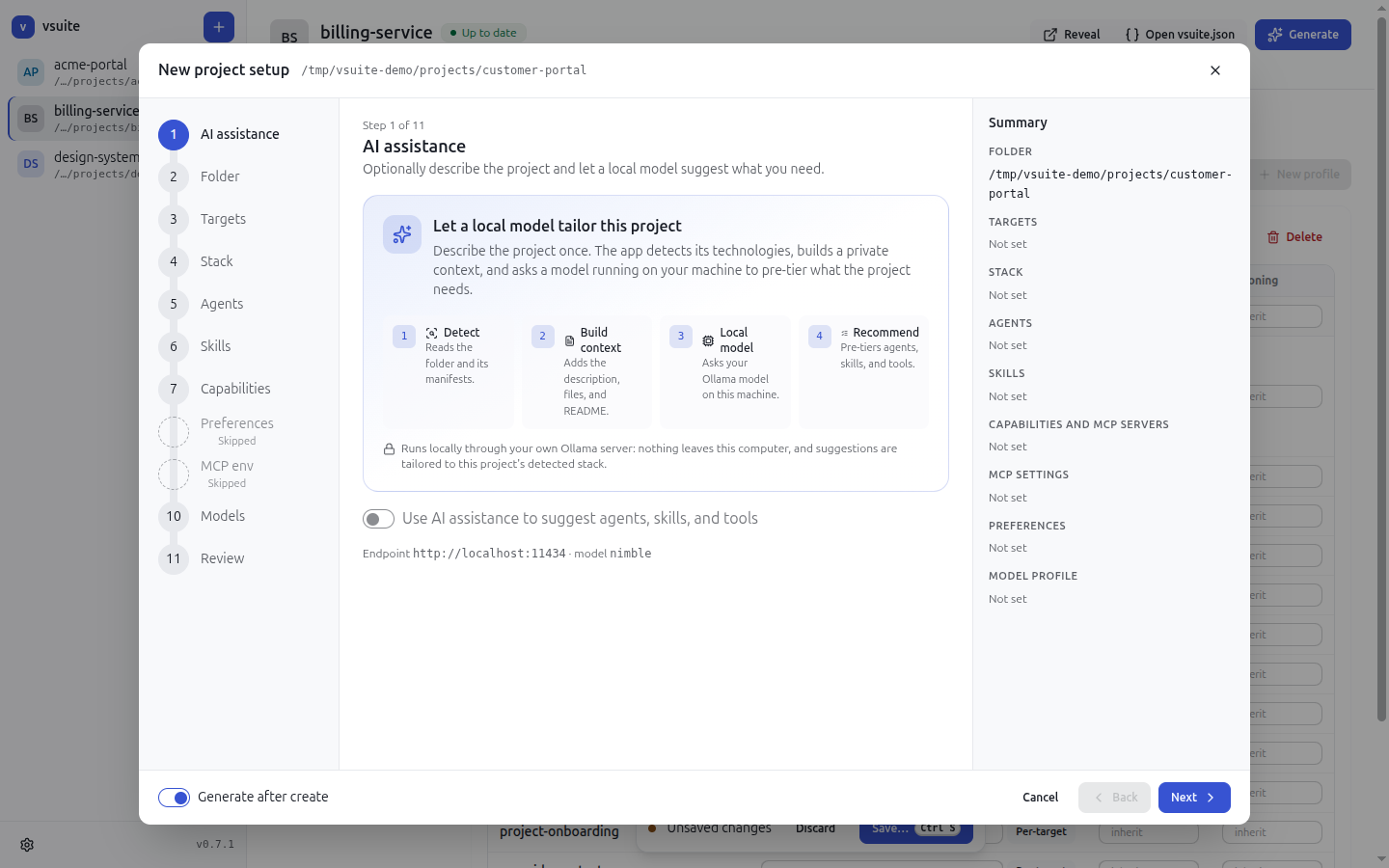 New-project wizard with optional local-model AI assistance