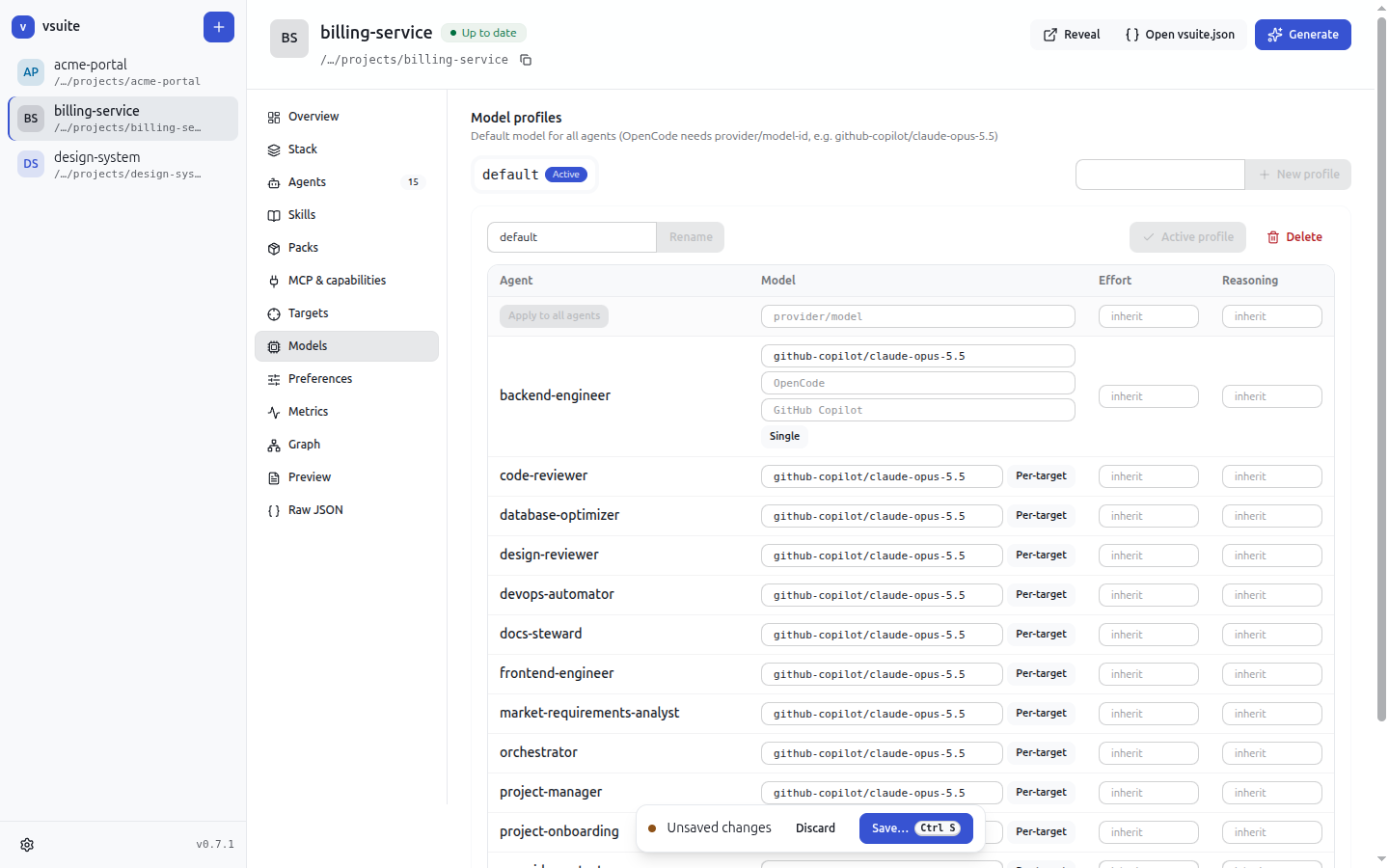Per-target model profiles for OpenCode and GitHub Copilot