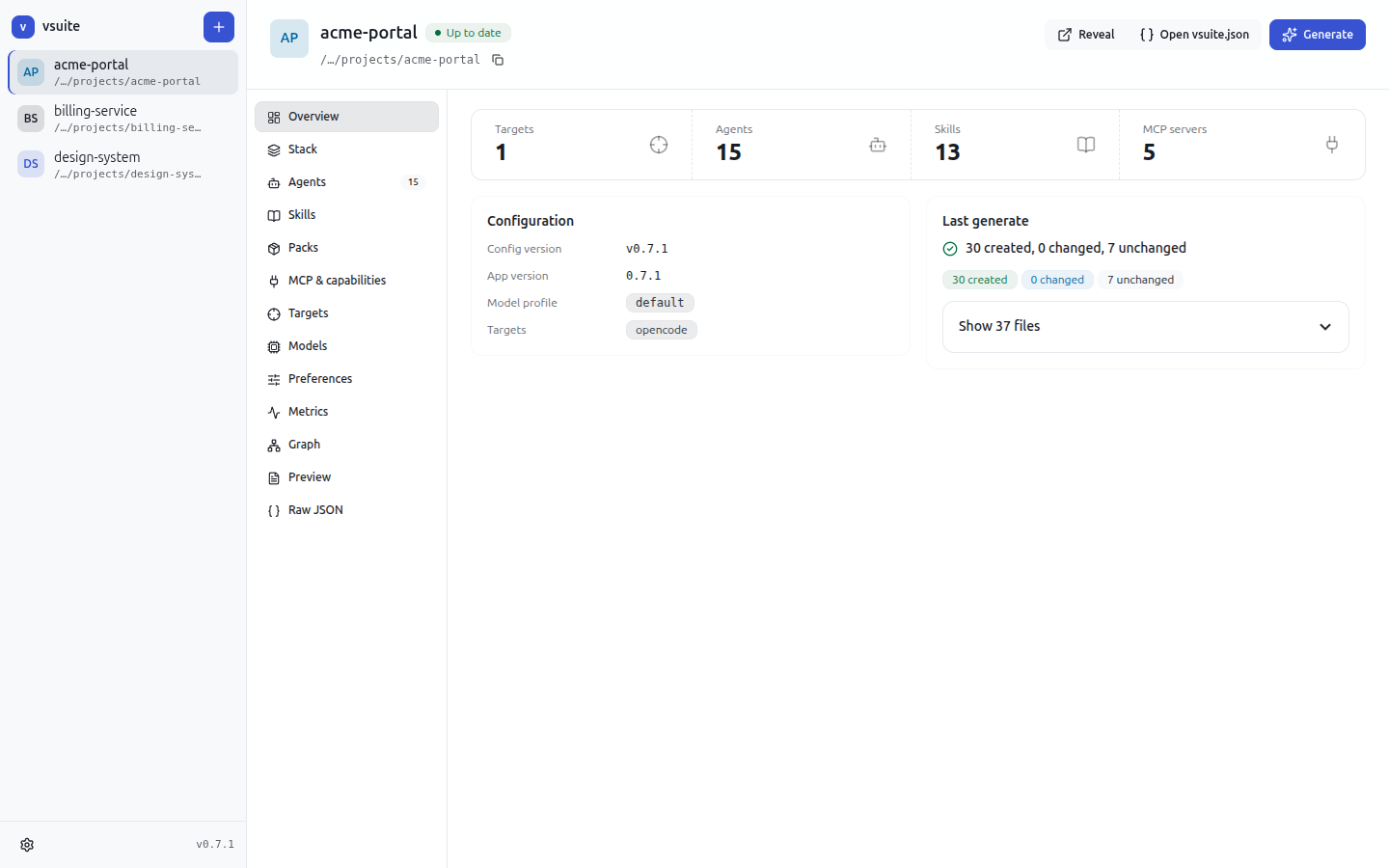 Project overview with counts of targets, agents, skills, and MCP servers, and the last generate result